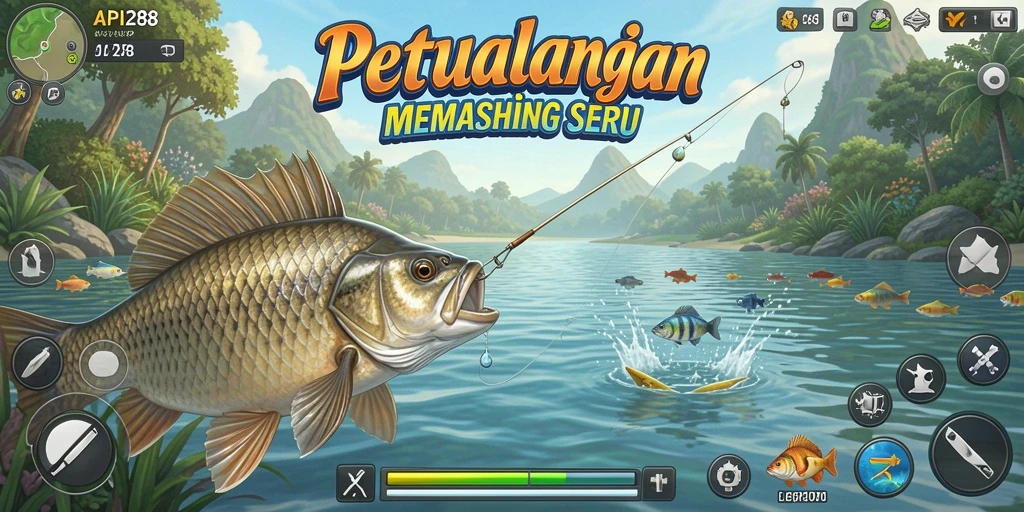 Tampilan gameplay menampilkan petualangan memancing yang mendebarkan.