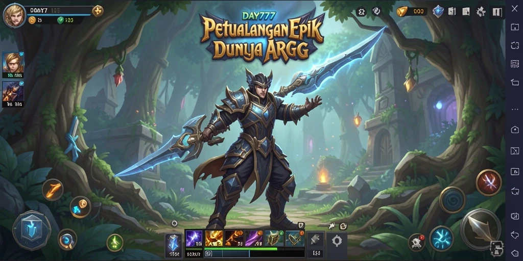 Screenshot gameplay DAY777 menampilkan pertarungan epik dan karakter yang kuat.