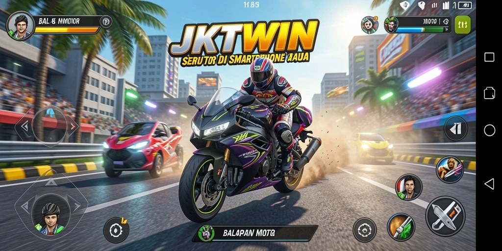 Tangkapan layar JKTWIN menampilkan aksi balapan motor yang mendebarkan.
