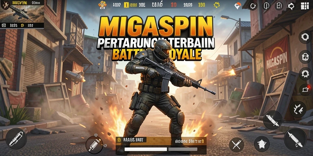 Screenshot gameplay MIGASPIN menampilkan aksi Battle Royale yang mendebarkan.